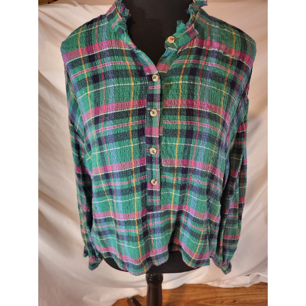 Anthropologie Pilcro Womens Shirt Cropped Puff-Sleeve Soft Crinkle Plaid Size S